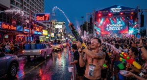 Candid, high-energy photo of the 2026 Songkran water festival on Pattaya Beach Road. A solo traveler with tactical goggles and a waterproof pouch navigates a dense crowd under neon lights. The background shows water cannons and a distant concert stage at dusk.