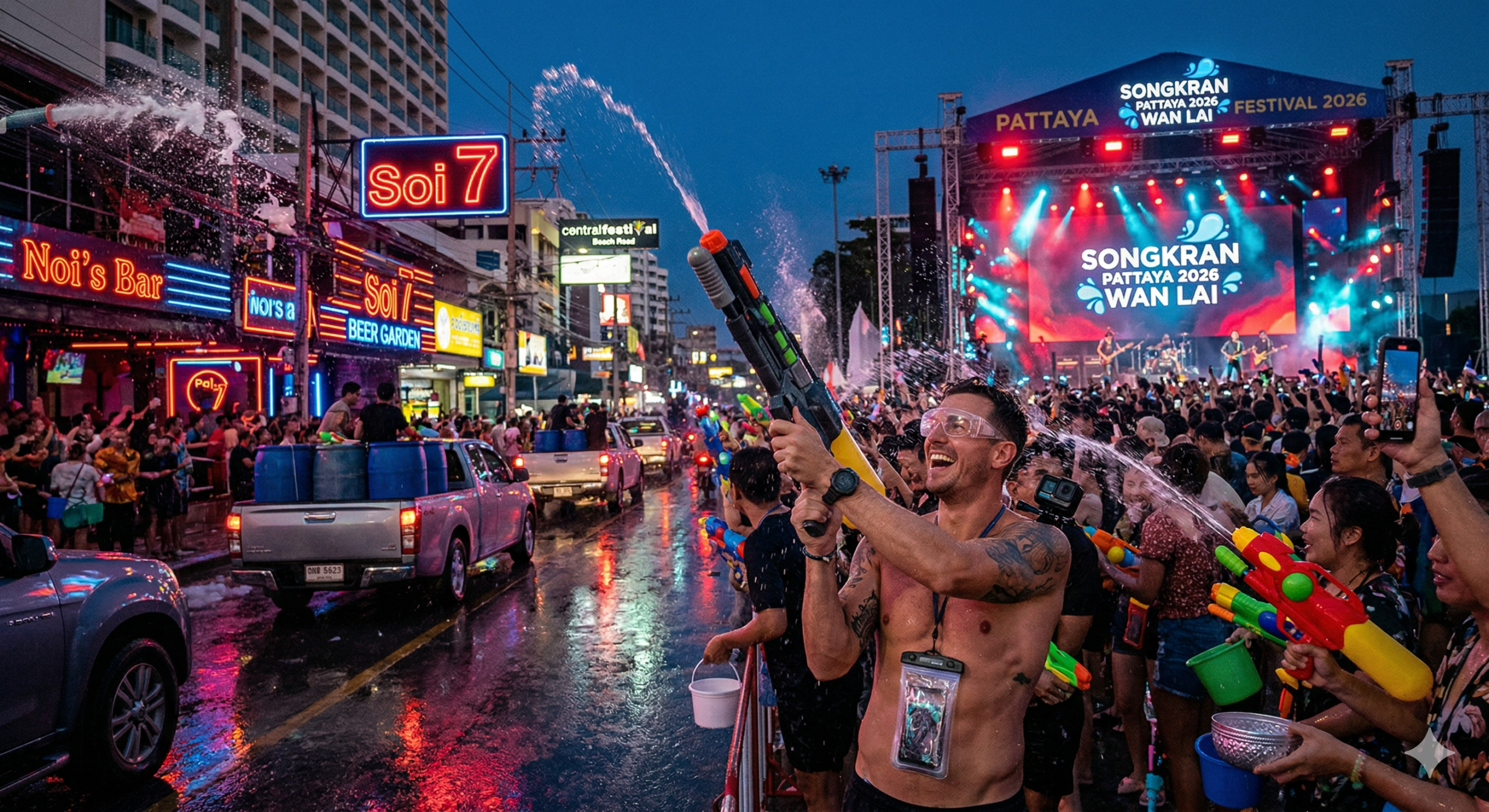Candid, high-energy photo of the 2026 Songkran water festival on Pattaya Beach Road. A solo traveler with tactical goggles and a waterproof pouch navigates a dense crowd under neon lights. The background shows water cannons and a distant concert stage at dusk.