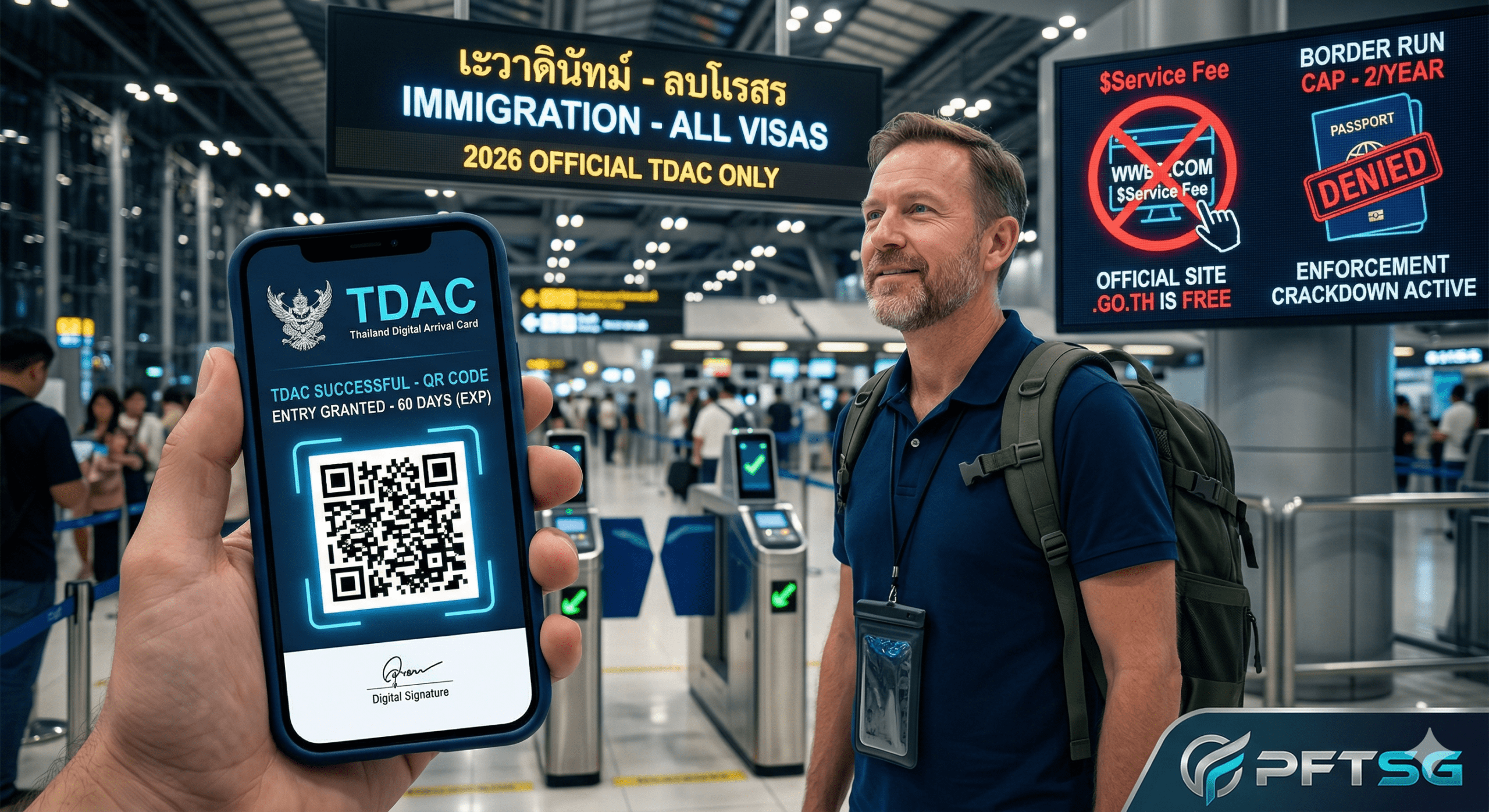 Candid photo of a solo traveler at Suvarnabhumi Airport in 2026. A hand holds a phone showing a successful TDAC QR code entry approval. Background features glowing cyan-blue biometric automated gates and a warning screen crossing out '.COM' scam sites and highlighting the new border run crackdown policy.