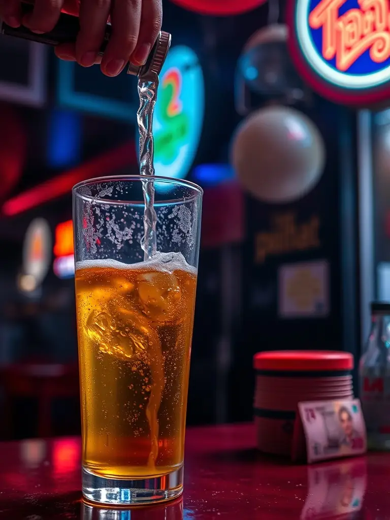 A close-up shot of a cold beer being poured in Soi 6, Pattaya, with Thai Baht currency notes subtly placed in the background.