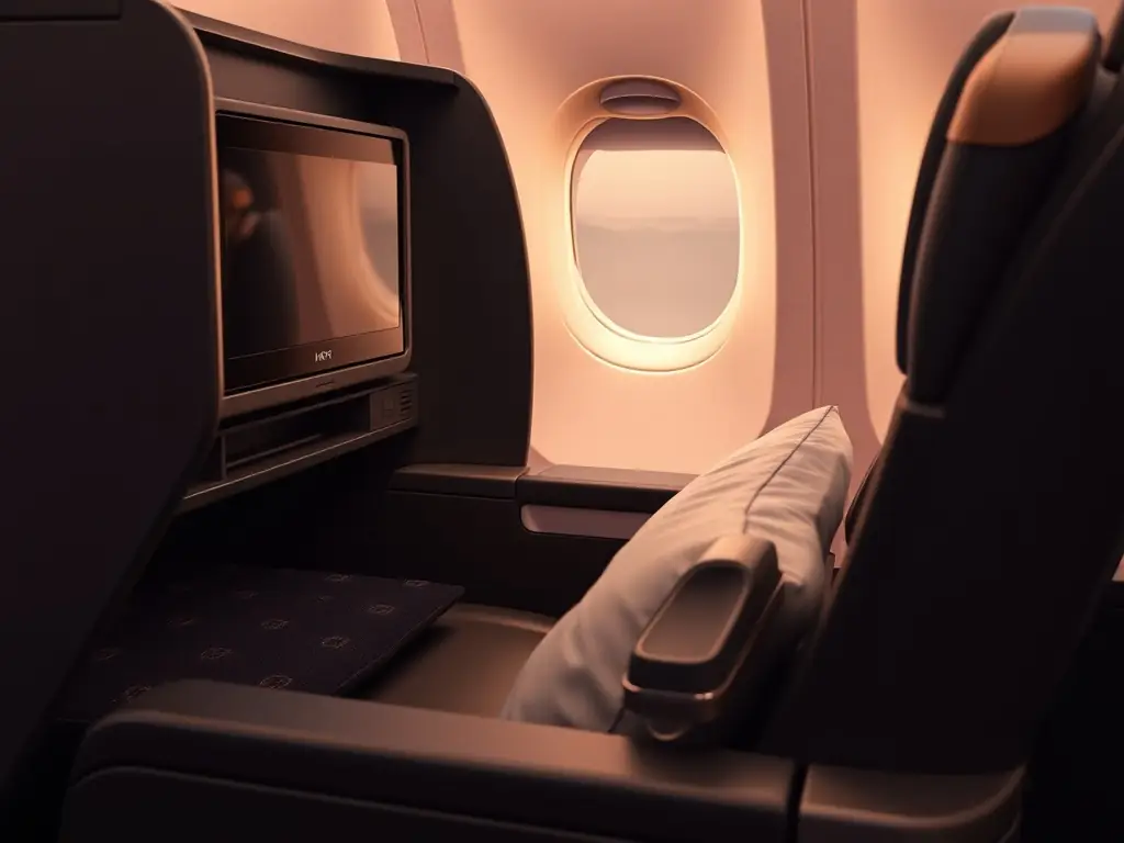 A detailed close-up shot of a first-class airline seat, showcasing its luxurious features such as plush leather, ample legroom, and advanced entertainment system. The image should convey comfort and exclusivity.