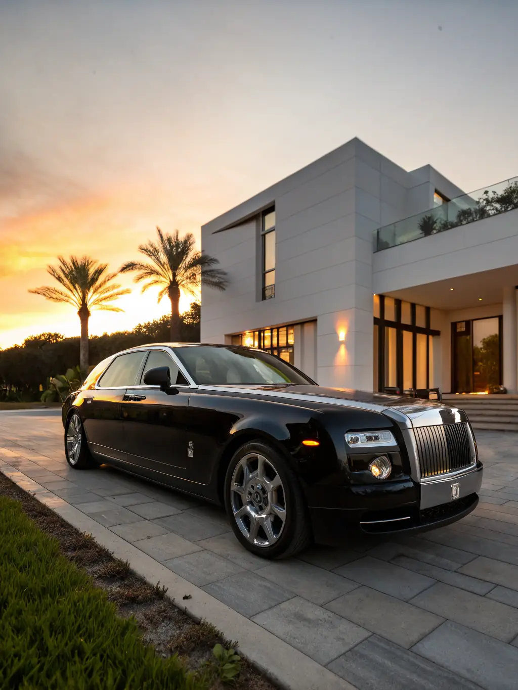 A sleek, black luxury car (e.g., Mercedes S-Class) pulling up to a private jet on an airfield at dusk. The scene should convey exclusivity and seamless transfer.