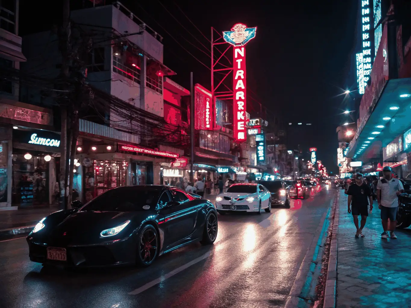A dynamic view of Walking Street in Pattaya, featuring a crowded pedestrian zone, bright lights, various entertainment venues, and a sense of excitement.