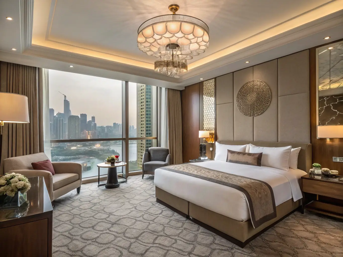 A dimly lit, high-resolution photo of a suite at the Siam@Siam Design Hotel Pattaya, showcasing its modern, edgy design and city views.