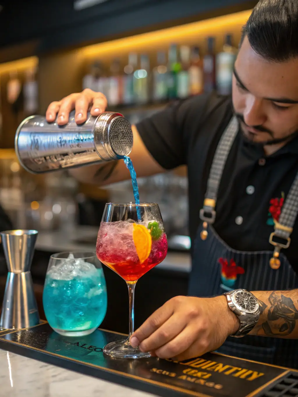 A detailed shot of the bar area at the Amari Pattaya, focusing on the mixologist crafting a cocktail with premium spirits. The background features a stylish, dimly lit lounge area with comfortable seating.