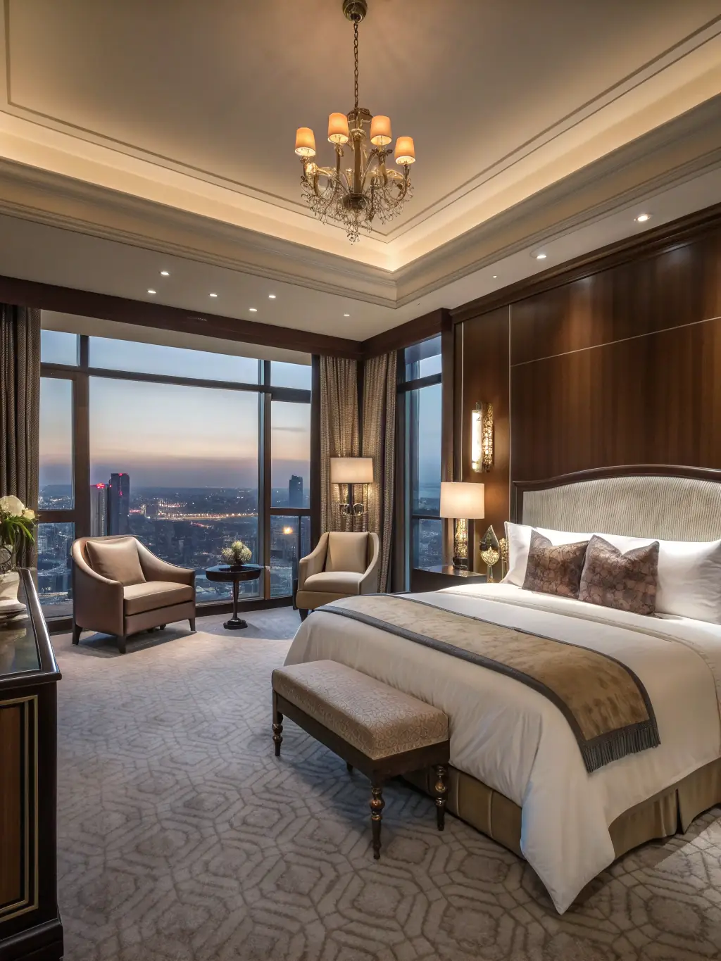 A professional photograph of a PFTSG vetted partner's luxury hotel suite in Pattaya, showcasing high-end amenities and a stunning city view at night.