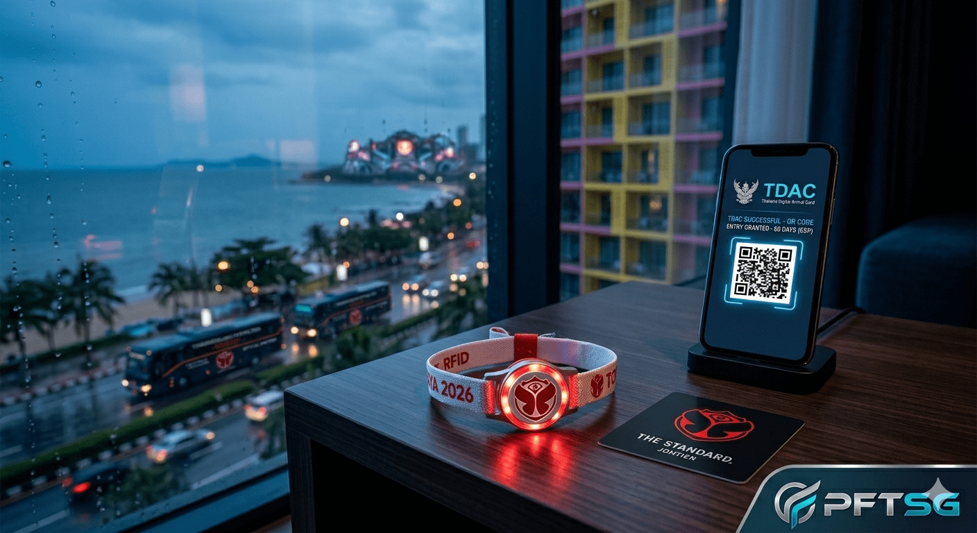 Candid close-up inside a 5-star hotel room at The Standard, Jomtien. On a sleek nightstand rests a Tomorrowland Pattaya 2026 RFID wristband and a black Standard hotel key card. Through the large window, a blurred dusk panorama shows the busy shuttle route along the Na Jomtien coastline. Drops of moisture are on the lens, emphasizing the immersive, ‘Tactical Concierge’ aesthetic